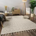 Produktbild: Paco Home Teppich Wohnzimmer Schlafzimmer Kurzflor Skandinavisches Boho Muster Geometrische Optik Einfarbig Fransen Moderne Deko, Grösse:160x220 cm, Farbe:Creme 2