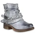 Produktbild: Damen Stiefeletten Biker Boots Schnallen Metallic Schuhe 147510 Silber 38 Flandell