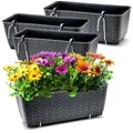 Produktbild: BigDean 4er Set Blumenkästen für Balkon-Geländer - Rattan-Optik - Anthrazit - Balkonkästen mit Metall-Halterung - 39 x 15,5 x 14 cm - inkl. Bewässerungssystem