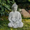 Produktbild: Buddha mit Schale für Licht Steinfigur 38 cm 11 kg Grau Weißbeton frostsicher