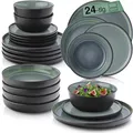Produktbild: SÄNGER Malmö | Tafelservice 24 teilig, Steingut Geschirr Set 6 Personen, 6x Teller Set 6x Frühstücksteller 6x Tiefe Teller 6x Pastaschalen Geschirrset und Schale dunkelgrün | VALUE COLLECTION