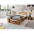 Produktbild: Lermowood Palettenbett M2 120 x 200 cm mit Kopfteil Geflammt Holzbett Massivholzbett Bett aus Paletten Seniorenbett Kinderbett Jugendbett - Weiß/Grau/Braun