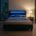Produktbild: Polsterbett MIRASOL 120x200 cm, Schwarz - Einzelbett mit LED Beleuchtung im Kopfteil, inkl. Fernbedienung, Jugendbett aus Kunstleder mit Lattenrost - Schwarz