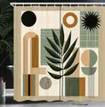 Produktbild: ABAKUHAUS Monstera Duschvorhang, Mid Century Boho Abstrakt Natur und geometrische Formen Pastell und Schwarz, Stoffliches Gewebe mit Haken, 175 x 200 cm, Beige Tannengrün Sepia
