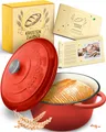 Produktbild: KRUSTENZAUBER Gusseisen Topf 26 cm mit Deckel, Emaille Bräter, Brotbacktopf, Schmortopf, backofengeeignet, rot