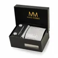 Produktbild: Massi Morino Krawatte Paisley Grau mit Einstecktuch Set Herren inkl. Manschettenknöpfe, Krawattennadel und Geschenkbox | Männer Krawattenset zur Hochzeit