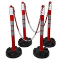 Produktbild: UvV Quad (4 Stück) Kettenpfosten + 10 m Absperrkette 6mm (rot-weiß) Kettenständer Absperrpfosten, Ø63 x 1000mm, Fußplatte ca. 4,5 kg, 3 Reflexfolien