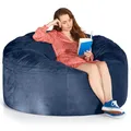 Produktbild: Green Bean Jumbo Max Riesensitzsack mit Memory-Schaum Flockenfüllung – Sitzsack XXL aus flauschigem Velours in 5ft (150x120cm) Dunkelblau – Indoor Lounge-Sitzsack waschbar & gemütlich