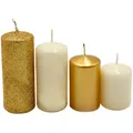 Produktbild: Dekohelden24 Gestufte Stumpenkerzen, Adventskerzen, Adventskranzkerzen, in Gold und Elfenbein, 4 Größen - H 5-10 cm, Ø je 4 cm, 280 gr