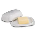 Produktbild: KHG Butterdose Keramik Steingut Weiß für 250g Butter mit Beschriftung, Butter-Aufbewahrung Butterbehälter, Deckel opak, Butterbox rechteckig & glänzend glasiert mit Emaille