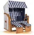 Produktbild: Strandkorb Hanse Ostsee XXL Strandkorb Volllieger 2 Sitzer aufgebaut - 120cm breit - Weiß Blau Kariert, ideal für Garten, Terrasse oder Balkon