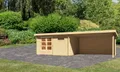 Produktbild: Gartenhaus Blockbohlenhaus Gerätehaus Bastrup 8 im Set mit Anbaudach 4 m breit, 28 mm Rückwand naturbelassen 769x297x220 cm