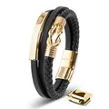 Produktbild: SERASAR Herren Accessoires 17cm Gold Herren-Armband Leder-Armreif Herren-Lederband Herrenarmreif Armschmuck Leder-Schmuck Herrenschmuck Armkette Flecht-Armband Leder-Wickelarmband Leder-Kette Bracelet