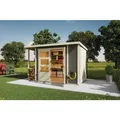 Produktbild: Karibu Gartenhaus 19 mm Multi Pultdach mit Schrank und Anbaudach terragrau inkl. Fußboden & Dacheindeckung