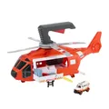 Produktbild: Matchbox Spielzeugauto und Spielset, 40 cm großer Hubschrauber, der Sich in Rettungsstation verwandelt lässt, durch das Kind antreibbarer Propeller, mit Die-Cast-Rettungswagen im Maßstab 1:64, HXM74