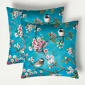 Produktbild: Homescapes 2er-Set Outdoor Kissen Vögel & Blütenzweige, Gartenkissen 45x45 cm, Dekokissen blau, Kissen für Terrasse & Balkon