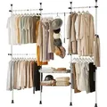 Produktbild: KLS04 Teleskopstange Kleiderständer mit 5 Kleiderstangen und 2 Körben Teleskop Garderoben System Verstellbares Regalsystem wandmontage weiß b