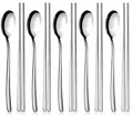 Produktbild: YFWOOD Set mit 5 Paar Essstäbchen und Löffeln aus koreanischem Edelstahl, wiederverwendbar, lange Griff, für Zuhause, Küche, Restaurant
