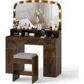 Produktbild: COSTWAY Schminktisch Set Frisiertisch mit Schminkhocker, 3 Lichtfarben LED-Spiegel, Ladestation, 3 Schubladen & 2 Schränke, Kosmetiktisch 108x40x1... - Braun