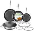 Produktbild: NutriChef Edelstahl Pfannenset 7-teilig – Bratpfannen 20 cm, 25 cm, 30 cm + Wok Triply Antihaft kratzfest induktionsgeeignet ofenfest und spülmaschinengeeignet mit Glasdeckeln