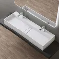Produktbild: doporro Waschbecken Hängewaschbecken 120x40x14 cm, Aufsatzwaschbecken in weiß matt aus Mineralguss Waschtisch mit 2 Armaturenlöcher Colossum6028
