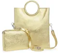 Produktbild: Caspar 2 in 1 Leder Set Umhängetasche mittelgroße Damen Handtasche Crossbody Bag mit herausnehmbarer Innentasche - CLASSIC LINE - Modell No.836 - Made in Italy, Farbe:gold metallic