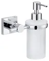 Produktbild: tesa HUKK Seifenspender-Set, satiniertes Glas und verchromter Edelstahl - Flüssigseifenspender zur Wandbefestigung ohne Bohren, inkl. Klebelösung - 127mm x 170mm x 110mm
