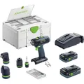 Produktbild: Festool Akku-Bohrschrauber T 18+3 HPC 4,0 I-Set (mit Akkupacks, Schnellladegerät, Werkzeugfutter, Schnellspannbohrfutter, Winkelvorsatz, Exzentervorsatz,Bitkassette, Bit PZ,Gürtelclip), im Systainer