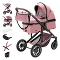 Produktbild: Daliya® FLEXI-PRO M 2in1 Kombikinderwagen & Buggy – XXL-Set, Reise-Kinderwagen mit Einhand-Abnahme, Wetterschutz, Sportsitz, Wickeltasche, Spieltisch, Regenschutz, dicke Matratze (Rosa Leinen)