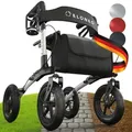 Produktbild: ELONEO Rollator faltbar mit Sitz, Outdoor Rollator mit Luftbereifung inkl. Sitzfläche, Rückengurt, höhenverstellbare Gehhilfe aus Aluminium - Silber