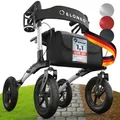 Produktbild: ELONEO Rollator faltbar und leicht mit Sitz, Outdoor Rollator mit Luftbereifung inkl. Sitzfläche, Rückengurt, höhenverstellbare Gehhilfe aus Aluminium inkl. Tasche und Stockhalter Silber