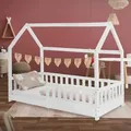 Produktbild: ML-Design Kinderbett 80x160 cm mit Rausfallschutz, Dach und Lattenrost, Weiß, Hausbett aus massivem Kiefernholz, Bodenbett, Holzbett - Weiß
