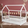 Produktbild: ML-Design Kinderbett 80x160 cm mit Rausfallschutz, Dach und Lattenrost, Weiß, Massivholz Kinder Bett, Hausbett für Mädchen/Jungen, Bettenhaus aus massivem Kiefernholz, Bodenbett Jugendbett Kinderhaus