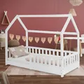 Produktbild: Kinderbett Rausfallschutz Kiefernholz Kinderhaus Bett Holzbett 80x160 cm Weiß