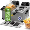 Produktbild: TurboTronic Doppel-Fritteuse 3600W | 2x3L Edelstahl-Kaltzonen-Friteuse mit spülenmaschinefesten Teilen, Sichtfenster und präzise 0–190°C Temperaturregelung, Fritöse silber
