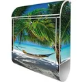 Produktbild: Banjado Design Briefkasten Weiß Pulverbeschichtet 39x47x14cm 2 Schlüssel Mit Zeitungsfach Motiv Strand