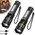 Produktbild: 2 Stück LED Taschenlampe Aufladbar, Extrem Hell Taschenlampe mit Weißer Laserdocht, 5 Lichtmodi Zoombare Mini Flashlight mit Batterie, Wasserdicht Taktische Handlampe für Camping Outdoor Wandern