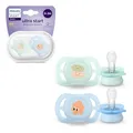 Produktbild: Philips AVENT Ultra Start Schnuller, kiefergerecht geformter Schnuller für Neugeborene, BPA-frei, mit Sterilisations-,Transportbehälter, Doppelpack, grün,blau, Modell SCF075/04
