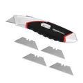 Produktbild: Amazon Basics robustes, einziehbares, ergonomisches Allzweckmesser mit automatischer Ladefunktion, 3-Positionen-Feststellklinge mit insgesamt 5 Klingen, Schwarz/Silberfarben