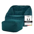 Produktbild: Icon Natalia Sitzsack Sessel mit Hocker für Erwachsene, Blaugrün, Flauschiger Cord Stoff, Riesen Sitzsack Cord mit Füllung, Bean Bag Chair, Bequemer Sessel Wohnzimmer, Lounge, Schlafzimmer, Büro