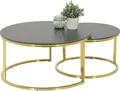 Produktbild: 2er Set Couchtisch/Beistelltisch Joel - Rund - Sintered Stone Marmoroptik Hochglanz Schwarz - Metallgestell Gold - Maße Ø80+60cm