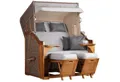 Produktbild: MR.DEKO Strandkorb Komplettset 2-Sitzer Schleswig Pinie PE Mokka + Schutzhülle & Rollen, BxTxH: 0x0x0 cm, 2-Sitzer Komplettset, Schleswig, (Zweisitzer Strandkorb mit Bistrotischen & Fußstützen), Bereits montiert, UV-beständig, mit Abdeckung & Edelstahl-Beschläge