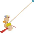 Produktbild: goki 54882 Schiebetier Punk-Ente aus Holz, Länge ca. 55 cm mit Gummiflossen & Woll-Irokesen – Lauflernspielzeug ab 18 Monaten