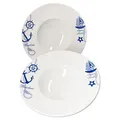 Produktbild: Bonna Navy 2er Set weiße Pastateller 28cm mit Motiv in blau I Suppenteller mit breitem Rand I tiefe Nudelteller I große Salatteller Beilagenschalen I Essteller maritim I Geschirr Premium-Porzellan