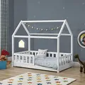 Produktbild: Juskys® Kinderbett Marli 80 x 160 cm mit Rausfallschutz, Lattenrost und Dach - Hausbett für Kinder aus Massivholz - Bett in Weiß