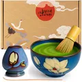 Produktbild: Goodwei Matcha Set komplett mit Matchabesen, Matcha Löffel und Matcha Schale aus Keramik mit Besenhalter im passenden Design | Kunstvoll gefertigte Teeschale Chawan (Magnolia, 80)