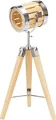 Produktbild: BRUBAKER Stehleuchte Industrial Design Tripod Lampe - 65 cm Höhe - Stativbeine aus Holz - Scheinwerfer Chromfarben/Messing