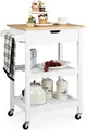 Produktbild: COSTWAY Kleiner Küchenwagen auf Rollen, Servierwagen aus Bambus Holz, Kücheninsel mit Schublade & Schiebegriff & 2 offenen Regalen Weiß