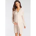 Produktbild: Umstandsnachthemd LASCANA, Damen, Gr. 32/34, N-Gr, beige (beige, gemustert), Single Jersey, Obermaterial: 95% Viskose, 5% Elasthan, animal-print, gemustert, Basic, sehr bequem kniefrei, V-Ausschnitt, eingesetzt Manschette, Kleider, mit Knopfleiste und Raffung an der Seitennaht