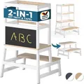 Produktbild: Spielwerk - Lernturm ab 2 Jahren Kinder mit Tafel 100kg Belastbar 93cm Hoch Montessori Learning Tower Trittschemel Kiefer Lernstuhl 2in1 Tritthocker